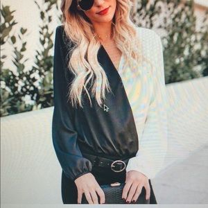 VICI Black and white satin drape bodysuit